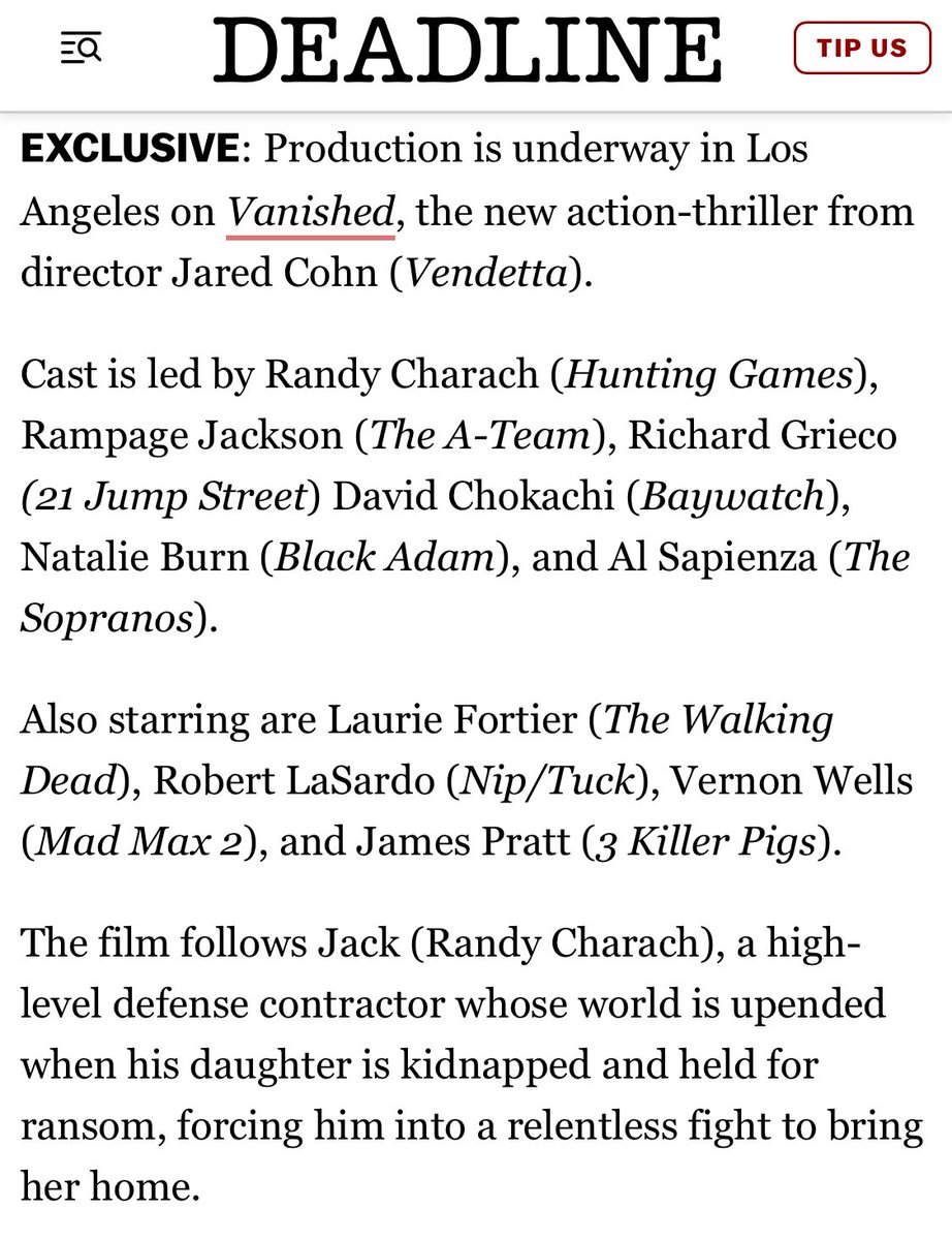 Excited to play Jim in the new action thriller Vanished <a href="/DEADLINE/">Deadline</a> 

deadline.com/2025/02/randy-…