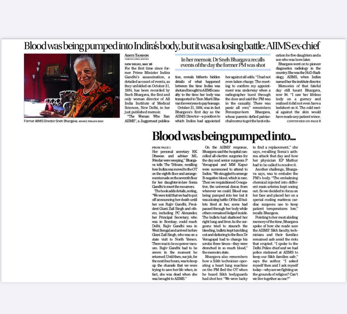 Aditi Tandon (@anshumalini3) on Twitter photo As surgeons worked to staunch bleeding, bullets tumbled out of her body clattering the OT floor, there were 33 bullets: ex AIIMS chief Sneh Bhargava, in a 1st, reveals what happened the day Indira Gandhi was shot <a href="/aiims_newdelhi/">AIIMS, New Delhi 🇮🇳</a>
<a href="/thetribunechd/">The Tribune</a> exclusive
tribuneindia.com/news/india/blo… As surgeons worked to staunch bleeding, bullets tumbled out of her body clattering the OT floor, there were 33 bullets: ex AIIMS chief Sneh Bhargava, in a 1st, reveals what happened the day Indira Gandhi was shot <a href="/aiims_newdelhi/">AIIMS, New Delhi 🇮🇳</a>
<a href="/thetribunechd/">The Tribune</a> exclusive
tribuneindia.com/news/india/blo…