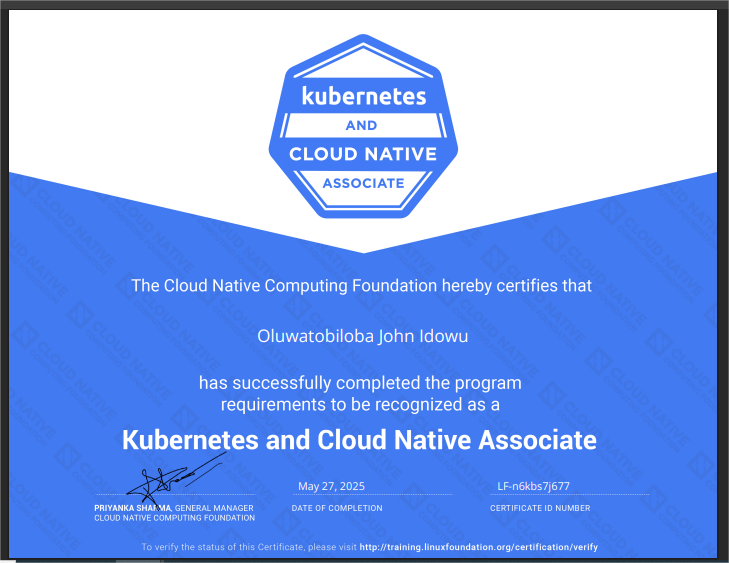 Passed my Kubernetes and Cloud Native Associate Exam this morning. 

I am now KCNA Certified!!!

Thanks to <a href="/Andela/">Andela</a> for sponsoring both the training and the Certification exam. 

Next step - CKA! 

#Cloud #DevOps #Kubernetes