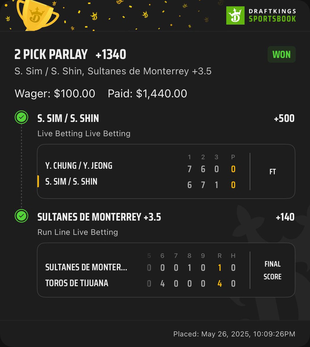OnlyLocks0's tweet image. 🚨BIG live hit to end Memorial Day weekend right 🚨 
$100 ➡️ $1,440 🎾 + ⚾️ parlay
You’re not getting LOCKS like this anywhere else, DM me to get locked in❕
#GamblTwitter #locks