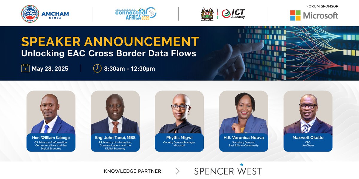 AmCham Kenya (@amchamke) on Twitter photo We are thrilled to unveil the exceptional lineup of thought leaders who will shape the conversation at the Enabling Cross-Border Data Flows in the EAC to Catalyze Digital Trade Forum. Co-hosted by: <a href="/Microsoftea/">Microsoft EastAfrica</a> & AmCham on the sidelines of Connected Summit 2025 <a href="/CAS2025_/">Connected Africa Summit 2025</a> We are thrilled to unveil the exceptional lineup of thought leaders who will shape the conversation at the Enabling Cross-Border Data Flows in the EAC to Catalyze Digital Trade Forum. Co-hosted by: <a href="/Microsoftea/">Microsoft EastAfrica</a> & AmCham on the sidelines of Connected Summit 2025 <a href="/CAS2025_/">Connected Africa Summit 2025</a>