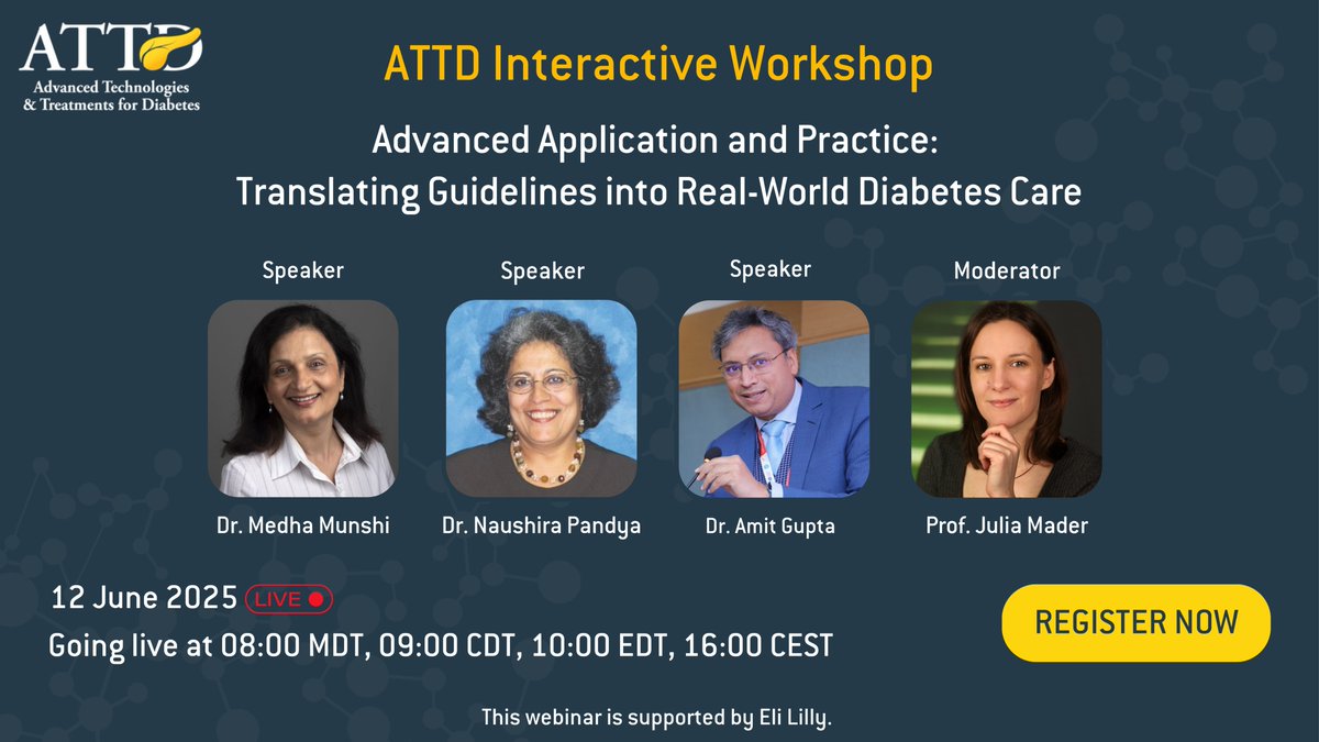 Secure your spot for our next ATTD Interactive Workshop!

🗓️ When: 12 June, at 16:00 CEST
👩‍⚕️ Expert Panel: Dr. Medha Munshi, Dr. Naushira Pandya, Dr. Amit Gupta and Prof. Julia Mader

👉 Register now: bit.ly/4kka9UL

Supported by #EliLilly.

#ATTD25 #UNLOKEducation