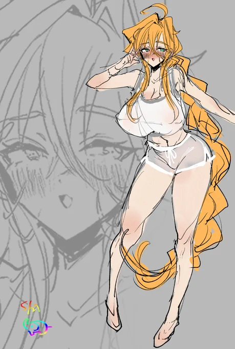 好みの顔の女を描いてたら好みのボディも描きたくなり非常に頭身がデカくなってしまい好みのお顔が見えないじゃん!となって背後に忍ばせた後で可愛いからカラーも決めよ〜って思ったらどっちも可愛くて決められなくなった絵 