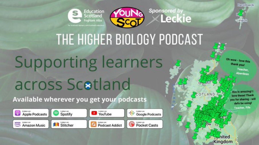 Good luck to everyone sitting bio exams today!

Blown away by numbers of young people downloading podcast this year, with a huge spike ahead of exam.

Delighted that, thanks to <a href="/LeckieScotland/">Leckie</a>, we can keep building this resource &amp; look forward to a new series of guests in August!