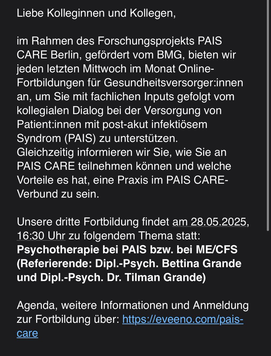 Bettina Grande (@grandebettina) on Twitter photo Weiter geht’s:
Einladung zur PAIS CARE Fortbildung für Gesundheitsversorger:innen
„Psychotherapie und #MECFS“:
im Rahmen des #PAIS CARE Berlin Projekts,
Mittwoch, 28.5., 16:30 Uhr,
mit <a href="/GrandeTilman/">Tilman Grande</a> & mir.
#PEM #Pacing #WissenSchützt
#MediBubble #Berlin
eveeno.com/pais-care Weiter geht’s:
Einladung zur PAIS CARE Fortbildung für Gesundheitsversorger:innen
„Psychotherapie und #MECFS“:
im Rahmen des #PAIS CARE Berlin Projekts,
Mittwoch, 28.5., 16:30 Uhr,
mit <a href="/GrandeTilman/">Tilman Grande</a> & mir.
#PEM #Pacing #WissenSchützt
#MediBubble #Berlin
eveeno.com/pais-care