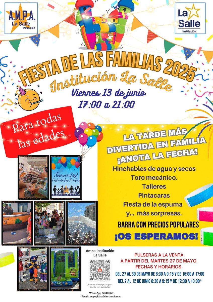 IlsaAmpa's tweet photo. ¡Llega la Fiesta de las Familias 2025 en La Salle Institución!

Te esperamos el viernes 13 de junio de 17:00 a 21:00 h para celebrar el final de curso

Hinchables de agua y secos, toro mecánico, talleres, pintacaras, fiesta de la espuma… ¡y más sorpresas!
@LaSalleInstituc https://t.co/Vwm1HXAwd6