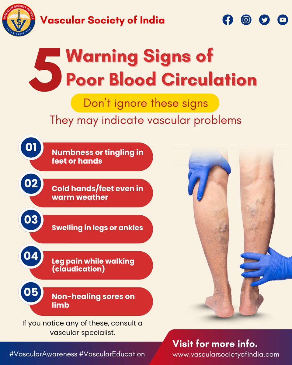 🩸 5 Warning Signs of Poor Blood Circulation
Numbness? Cold feet? Swelling?
These could be signs of vascular disease.
⚠️Don’t ignore the signs—consult a vascular specialist.
👉 Learn more: vascularsocietyofindia.com
#VascularAwareness #PoorCirculation #LegPain
#VascularHealth #Tip