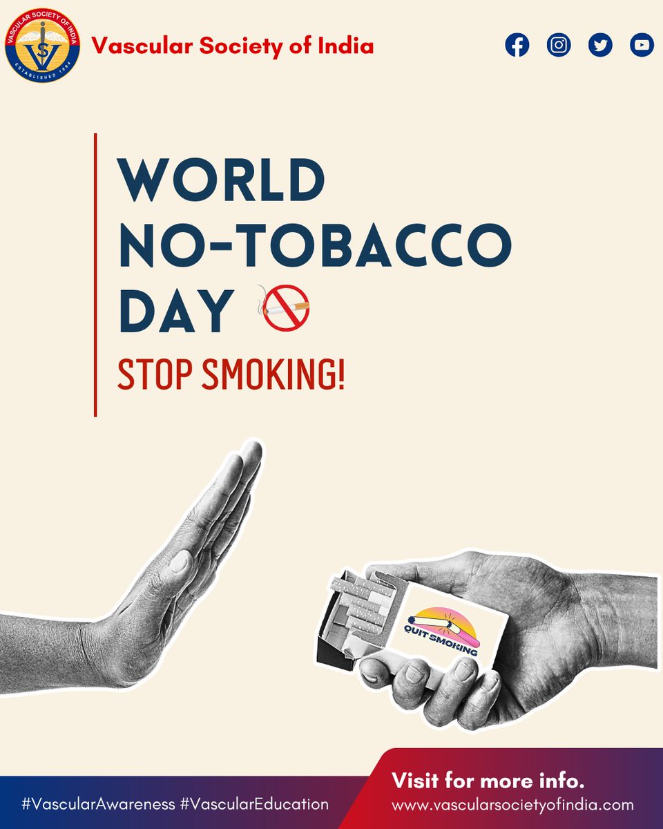 🚭 World No-Tobacco Day
Smoking harms your lungs, heart, and blood vessels.
Say NO today—for your vascular health and life.
🛑 Quit smoking. Save lives.
🔗 vascularsocietyofindia.com
#StopSmoking #NoTobaccoDay