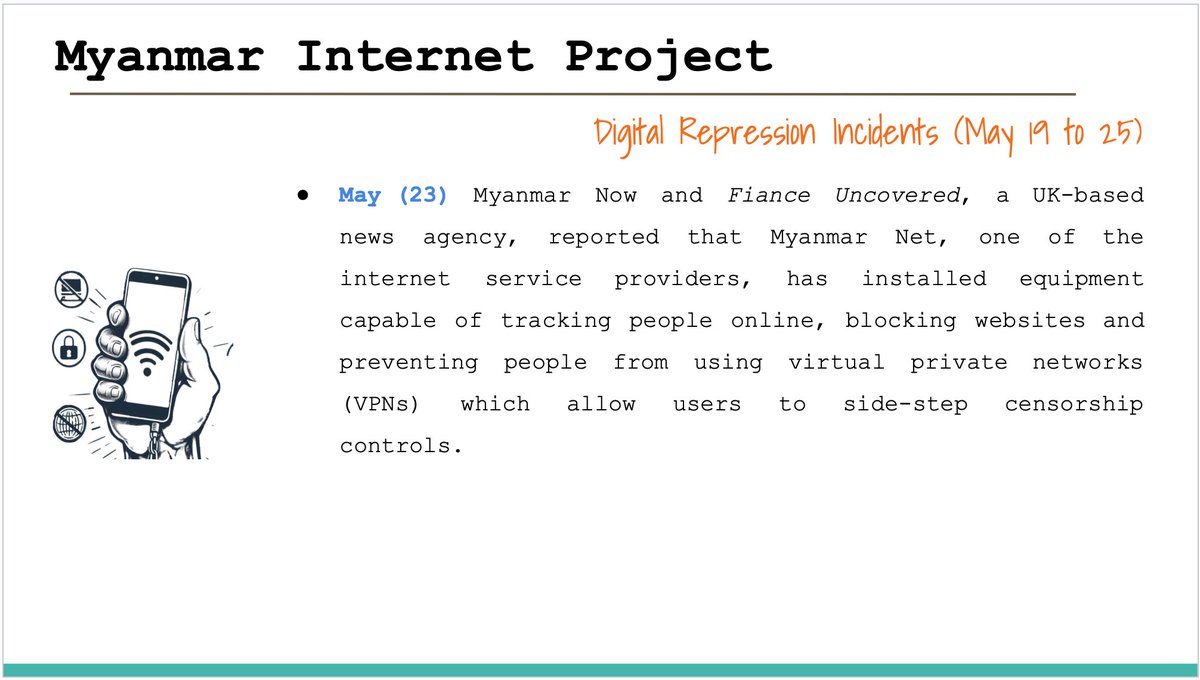 Myanmar_IP's tweet image. Digital Repression Incidents in Myanmar (May 19 to 25)
#FOE
#InternetShutDown
#Surveillance
#Digital_Repression
#WhatsHappeningInMyanmar
#KeepItOn
Full Report >>> myanmarinternet.info/digital-coup