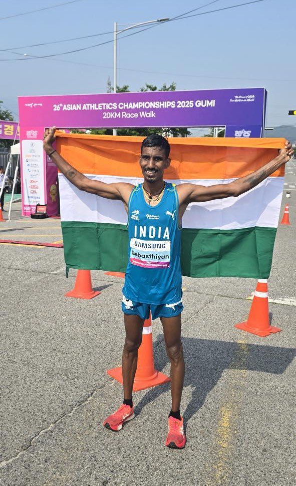 Heartfelt congratulations to Servin Sebastian on winning the Bronze medal in the men's 20km race walk at the 26th Asian Athletics Championships held in Gumi, Korea. This marks India's first medal at this prestigious championship.

We take immense pride in Servin's outstanding