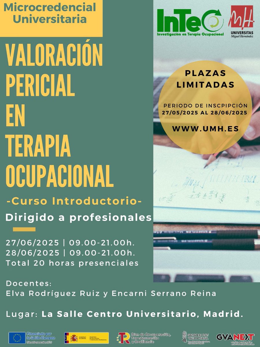 El grupo InTeO de la Universidad Miguel Hernández lanza el curso de “Valoración Pericial en Terapia Ocupacional” 

La información y programa completo puedes verlo en: 

umh.es/contenido/Estu…

¡No te lo pierdas!