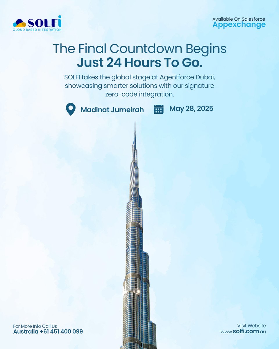 SOLFI_SF's tweet image. Just 24 hours to go!
 
SOLFI is ready to showcase the future of zero-code Salesforce integration at Agentforce World Tour – Dubai.

Join us tomorrow at Madinat Jumeirah, May 28, and see how we simplify automation, scale faster &amp;amp; eliminate complexity.

#SOLFI #Salesforce #ZeroCode