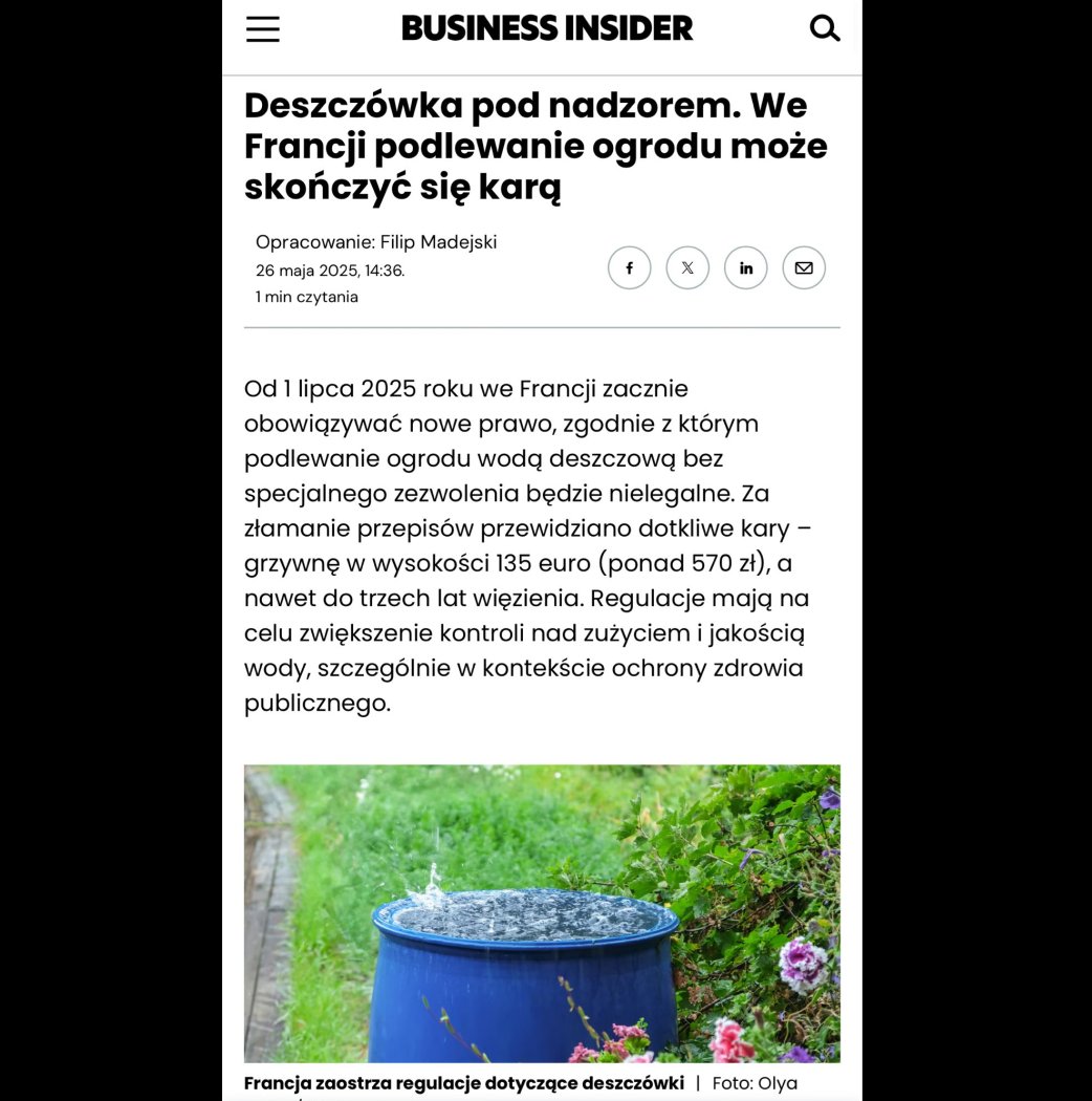 Tylko prawdziwy eurokrata znajdzie uzasadnienie karania małej retencji deszczówki i podlewania nią ogródka. 

Francja w awangardzie ucisku i "niebieskiego ładu".