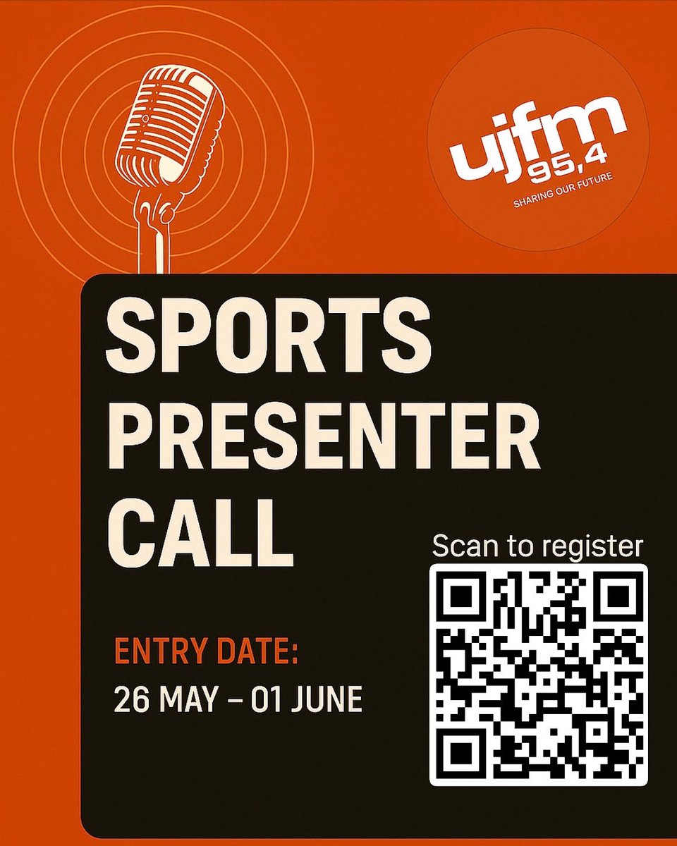 ujfm's tweet photo. UJFM is calling all sports fanatics!
Think youโve got the voice, energy & passion to be our next Sports Presenter?
This is your shot!
Apply now: https://t.co/Ed6og466Hu
#UJFM #UJFMRecruitment #SportsPresenter #UJLife #UJSports #OrangeArmy https://t.co/ND509OUedt