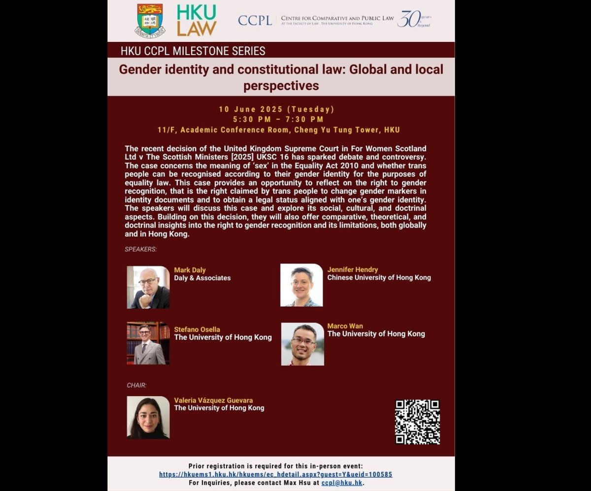 Centre for Comparative and Public Law at HKU (@ccpl_hkulaw) on Twitter photo 📢 Join June 10 (Tue.) <a href="/CCPL_HKULaw/">Centre for Comparative and Public Law at HKU</a> Milestone Series on "Gender identity and constitutional law: Global and local perspectives", offering comparative, theoretical and doctrinal insights into the right to gender recognition. Register here: hkuems1.hku.hk/hkuems/ec_hdet… 📢 Join June 10 (Tue.) <a href="/CCPL_HKULaw/">Centre for Comparative and Public Law at HKU</a> Milestone Series on "Gender identity and constitutional law: Global and local perspectives", offering comparative, theoretical and doctrinal insights into the right to gender recognition. Register here: hkuems1.hku.hk/hkuems/ec_hdet…