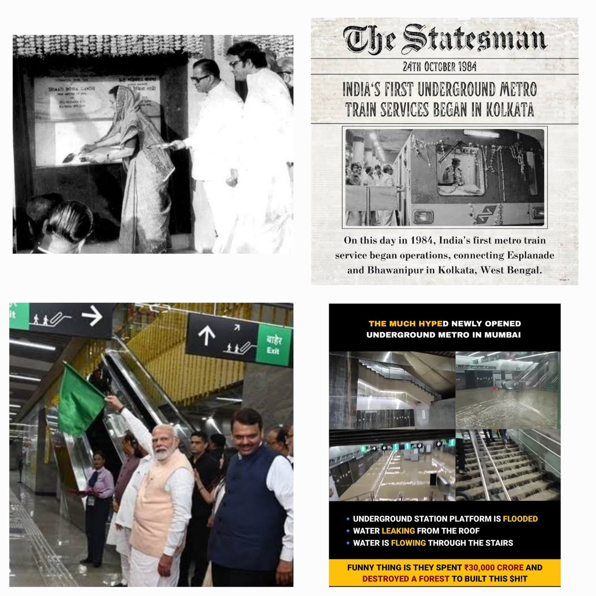 narendradutta88's tweet photo. See the Difference Kolkata Underground Metro By Irony Lady Prime Minister Indira Gandhi Year 1984 and Still Opreational Good
Year 2025 Prime Minister Narendra Modi 17 days old Inaugurated Mumbai Underground metro Waterlogged 30000 crore Project.
#Congress
#India
#Deshbhak https://t.co/JQWBKiMZMT