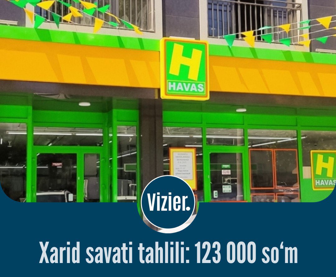 vizieruz's tweet photo. "Havas" supermarketlar tarmog‘i ma’lumotiga ko‘ra, vatandoshlarimiz bir martalik xarid uchun o‘rtacha 123 000 so‘m sarflashmoqda.

Siz qancha sarflayapsiz? https://t.co/dvrkKvZQKM