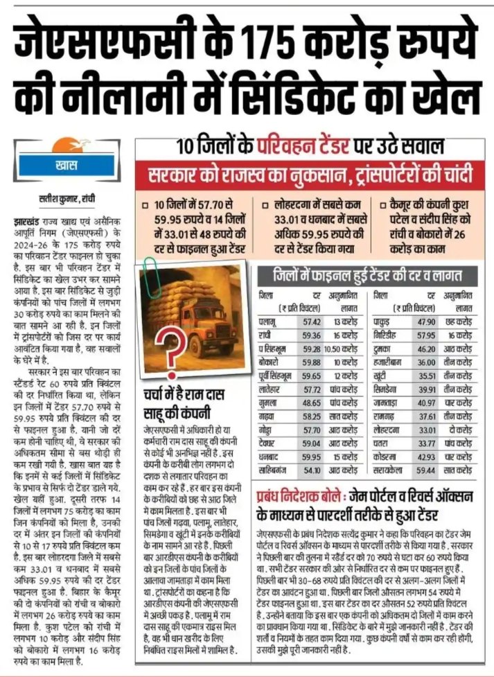 hemanta0707's tweet image. झारखंड राज्य खाद्य एवं असैनिक आपूर्ति निगम (जेएसएफसी) के 2024-26 के 175 करोड़ रुपये का परिवहन टेंडर फाइनल हो चुका। 

जानिए नीलामी में सिंडिकेट का खेल किस तरह से होता है ?
👇👇👇