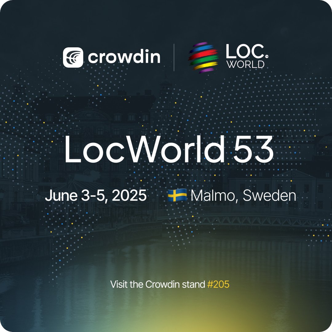 We're excited to announce that Crowdin will be at #LocWorld53 in Malmö, Sweden 🇸🇪, from June 3-5!

Stop by Stand 205 to chat about the latest trends in localization.

Plus, we'll have some little conference pick-me-ups for you! 🎁 Make sure to drop by.

See you there!