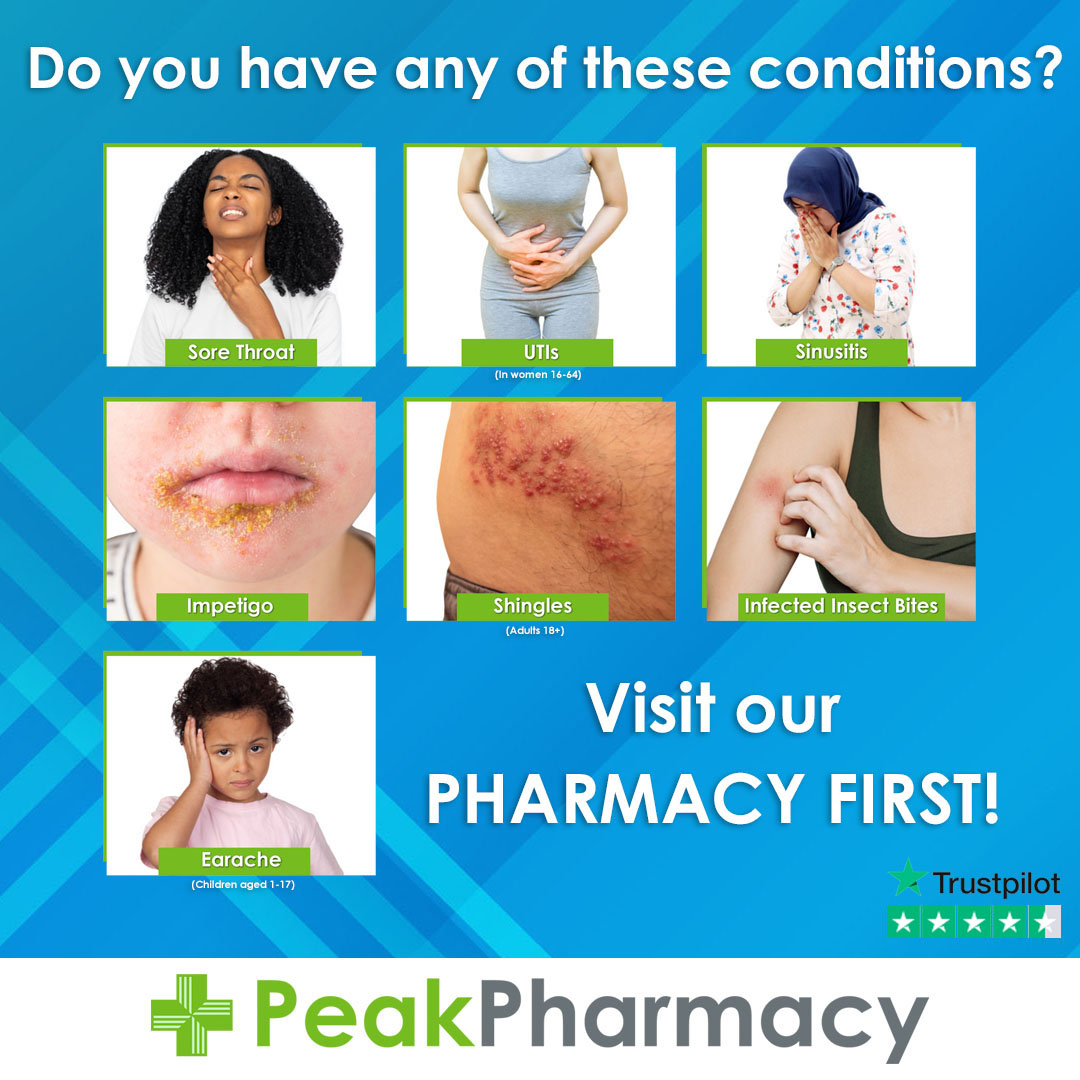Get easy access to advice and treatment including prescription medicines, where appropriate, for several common conditions!

Think #PharmacyFirst!

➡️ peakpharmacy.co.uk/your-pharmacy/…