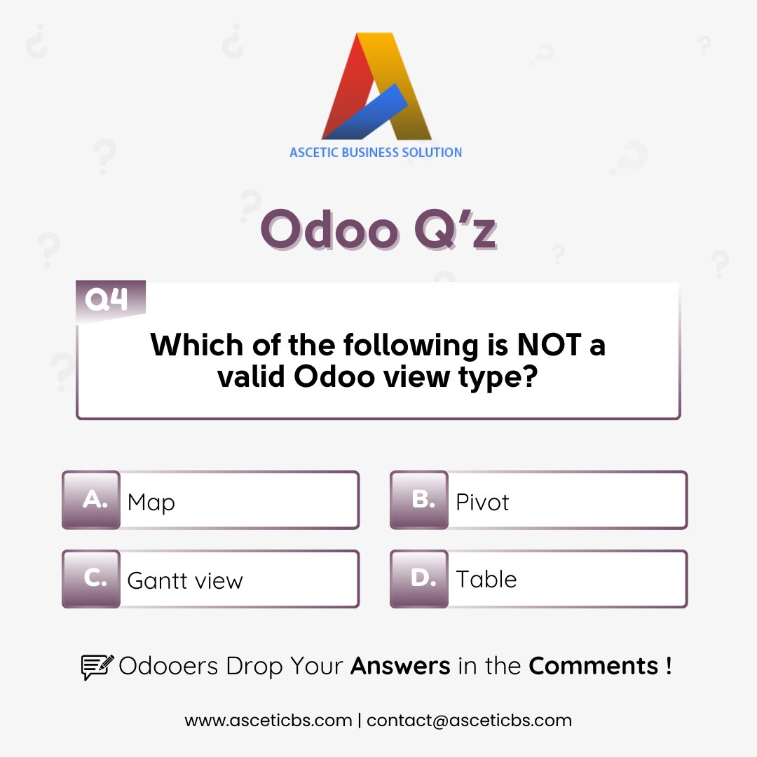 AsceticBs's tweet photo. 🧠 Odoo Q’z Time!

 Put your #Odoo knowledge to the test! 🚀

💬 Odooers, drop your answers in the comments below!

🔁 Stay tuned every week for more dev brain teasers!

#OdooQuiz #OdooDevelopment #ERPChallenge #AsceticBusinessSolution #OdooCommunity #DeveloperFun https://t.co/CeRAfDMd4b