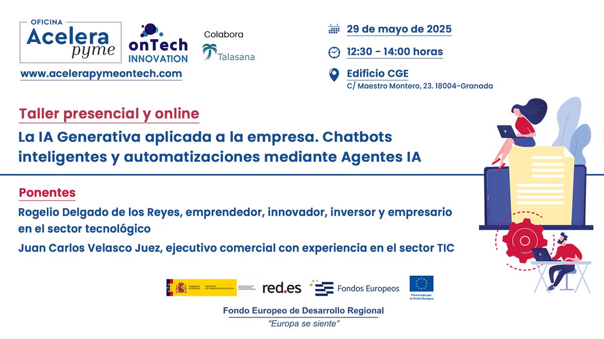 Quedan dos días para el taller #AceleraPymeonTech 'La IA Generativa aplicada a la empresa. Chatbots inteligentes y automatizaciones mediante Agentes IA'‼️
Tendrá lugar en <a href="/CGE_Granada/">CGE</a> y podrá seguirse también online
Inscripciones gratuitas 👉lc.cx/bSOcr4