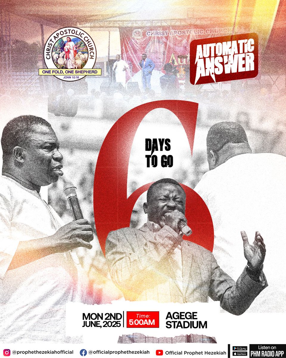 phm_live's tweet image. ⏳ Only 6 DAYS LEFT!

Answers aren’t delayed; they’re scheduled! Your turnaround moment is approaching.

📍 Agege Stadium, Lagos

🗓️ Monday, June 2 — 5:00 AM

⛪ Prophetic Encounter

🎤 Come hungry, come early, come expectant!

#AutomaticAnswer #6DaysToGo