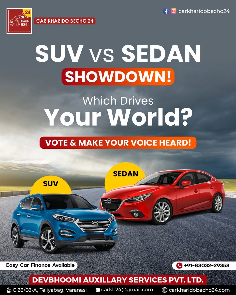 Kharido24's tweet photo. 🚗 SUV vs Sedan – SHOWDOWN!
Which one drives your world? 🌍
💥 Rugged SUV or Sleek Sedan – VOTE NOW &amp; be heard!
📍 Easy car finance available | Varanasi
📞 +91-83032-29358
🔗 https://t.co/mF1I0cwZMl
#SUVvsSedan #CarPoll #CarKharidoBecho24 #VaranasiCars https://t.co/DLn3Qj36M0