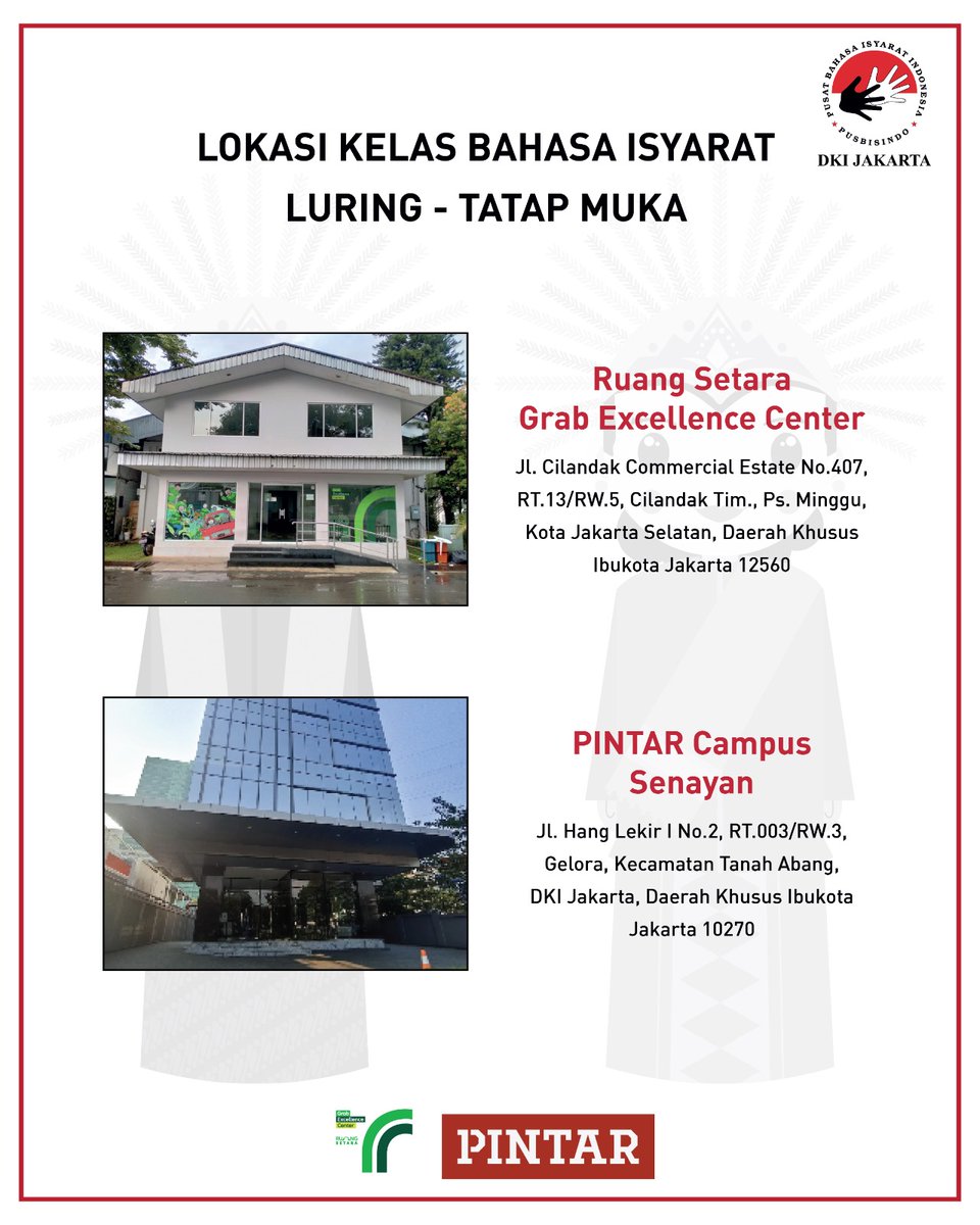 Pendaftaran kls bahasa isyarat level 1-3 area Jakarta telah dibuka!

Utk pendaftaran kelas bahasa isyarat Jakarta, klik link : linktr.ee/KBI_T22025 

Utk  pertanyaan / info lbih lanjut, bisa hubungi Pusbisindo Jakarta via WA: wa.link/elq78c

#kelasbahasaisyarat