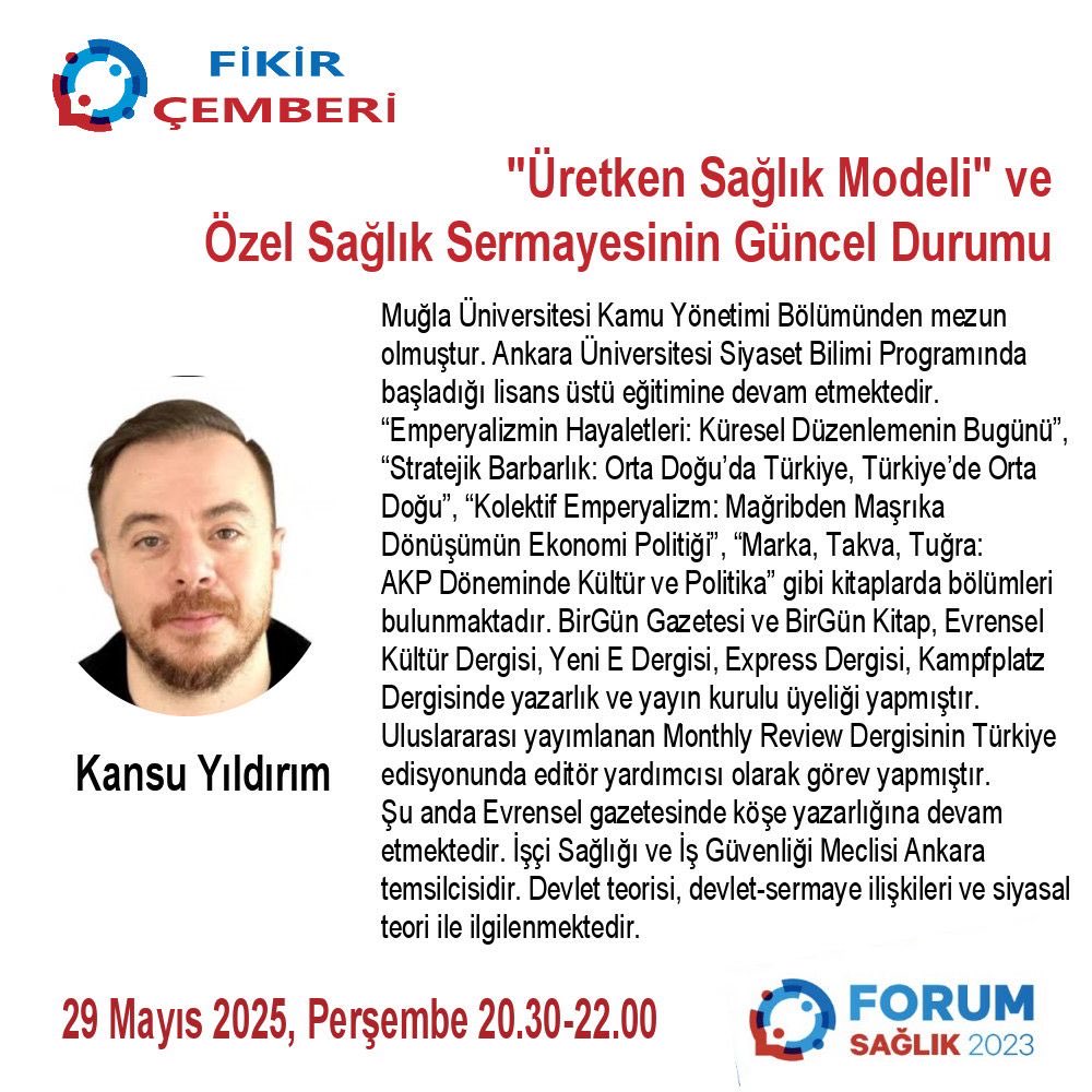Forum Sağlık 2023 (@forumsaglik2023) on Twitter photo 🗨️
“ÜRETKEN SAĞLIK MODELİ”
ve
ÖZEL SAĞLIK SERMAYESİNİN
GÜNCEL DURUMU
🗓️ 29 Mayıs 2025 Perşembe
⏰ 20.30-22.00
Youtube ForumSaglik2023’ten canlı yayın
<a href="/ipekerenvural1/">ipek eren vural</a>
<a href="/KansuYildirim/">Kansu Yıldırım</a> 🗨️
“ÜRETKEN SAĞLIK MODELİ”
ve
ÖZEL SAĞLIK SERMAYESİNİN
GÜNCEL DURUMU
🗓️ 29 Mayıs 2025 Perşembe
⏰ 20.30-22.00
Youtube ForumSaglik2023’ten canlı yayın
<a href="/ipekerenvural1/">ipek eren vural</a>
<a href="/KansuYildirim/">Kansu Yıldırım</a>