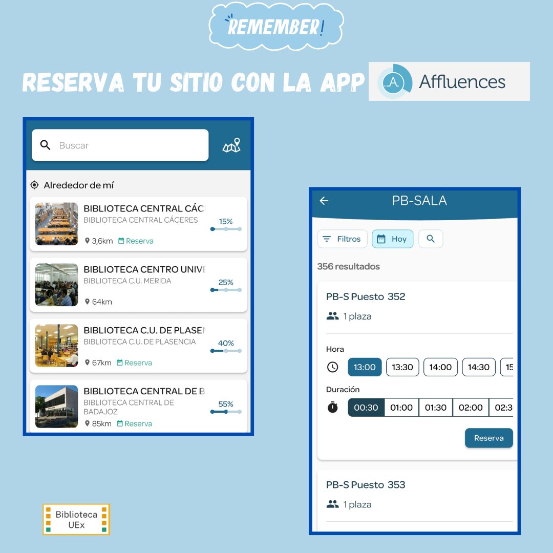 ✨ ¿Vas a venir a estudiar a nuestras bibliotecas?

Recuerda que, si estás en : 
📍 Biblioteca Central de Badajoz
📍 Biblioteca Central de Cáceres
📍 Centro Universitario de Plasencia
📍 Centro Universitario de Mérida

puedes usar la app Affluences para reservar  tu sitio!