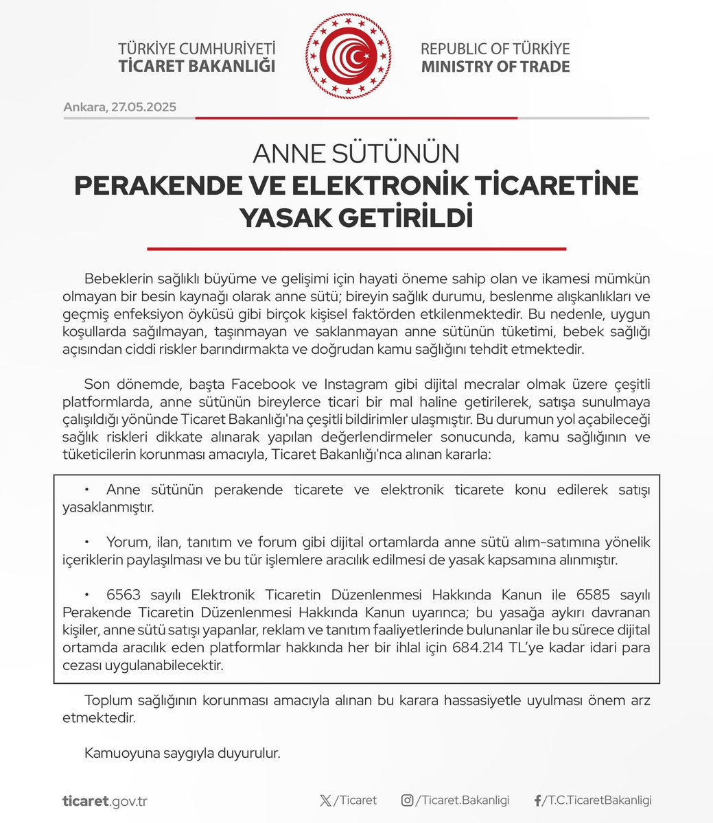 Anne Sütünün Perakende ve Elektronik Ticaretine Yasak Getirildi

(27.05.2025)