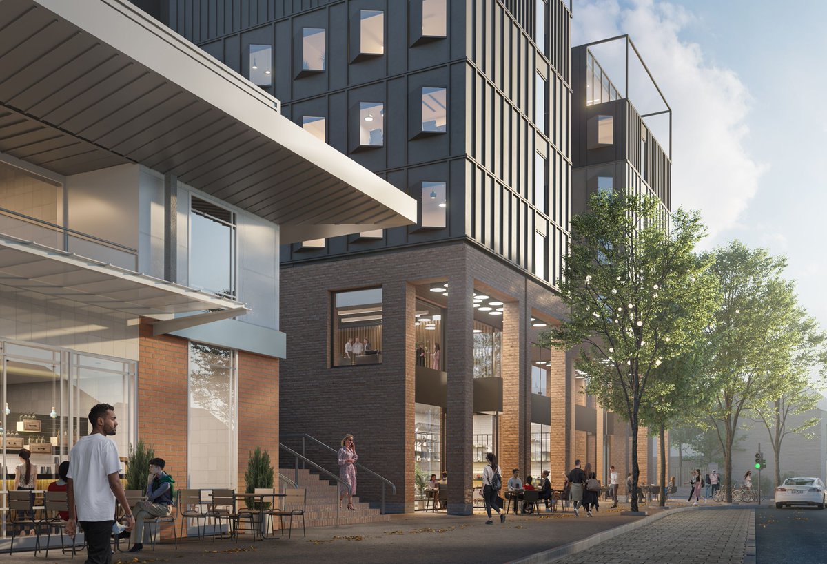 northgrafstudio's tweet photo. 📍Loughborough – a new public realm experience in the making.
This visual captures the activation of the ground floor through a mix of retail, dining, and social spaces beneath a bold new extension to an existing building. Deep brick piers, black cladding, and projecting windows. https://t.co/lHCMXTWVqS