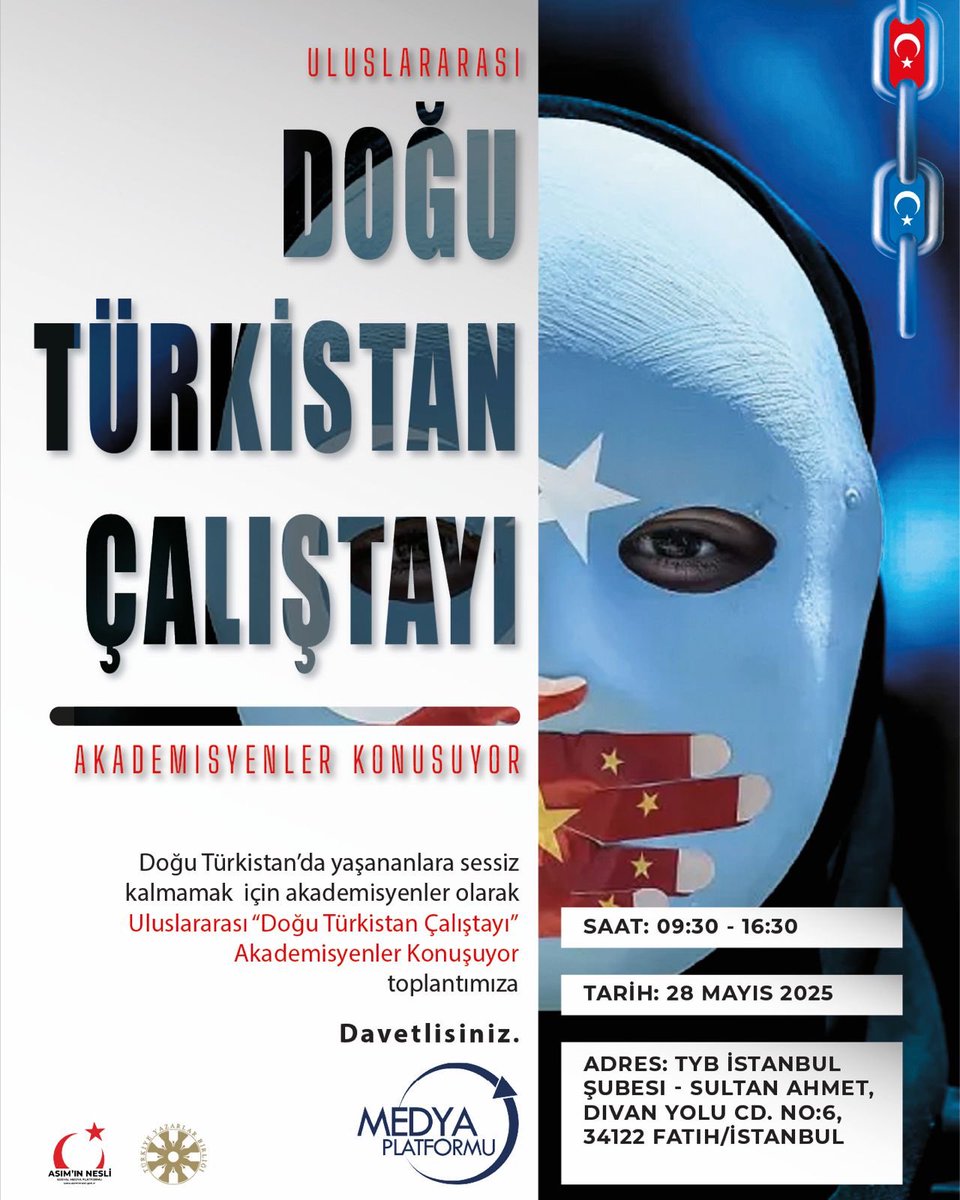 Panelistler arasında bulunmaktan memnuniyet duyduğumuz bu çalıştaya, Doğu Türkistan meselesine duyarlı tüm dostlar davetlimizsiniz.👇