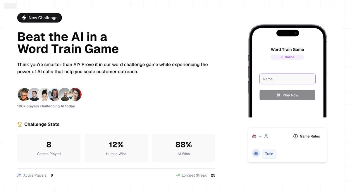 Beat Monika on the Word Train game. 
Win Street Creds for Defeating AI.

ringg.ai/word-train