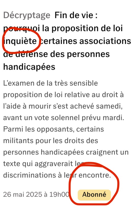 Jusqu'au bout solidaires (@collectifjabs) on Twitter photo NON LE DÉBAT SUR L'EUTHANASIE N'EST PAS APAISÉ.
Les collectifs anti-validistes disent leur 𝐎𝐏𝐏𝐎𝐒𝐈𝐓𝐈𝐎𝐍 au projet de loi, non leurs "inquiétudes".
+ L'article pro-euthanasie gratuit , et l'article anti- payant, c'est bof et c'est à l'image du débat.
<a href="/Le_NouvelObs/">Le Nouvel Obs</a> NON LE DÉBAT SUR L'EUTHANASIE N'EST PAS APAISÉ.
Les collectifs anti-validistes disent leur 𝐎𝐏𝐏𝐎𝐒𝐈𝐓𝐈𝐎𝐍 au projet de loi, non leurs "inquiétudes".
+ L'article pro-euthanasie gratuit , et l'article anti- payant, c'est bof et c'est à l'image du débat.
<a href="/Le_NouvelObs/">Le Nouvel Obs</a>