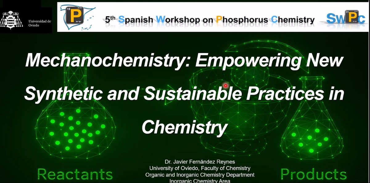 PhosChemSpain's tweet photo. Now it is the turn of Javier Fernandez Reynes @JavierFReynes. Don't miss the opportunity to learn about new synthetic and sustainable chemistry employing Mechanochemistry! What a privilege! #SWPC2025 https://t.co/9egpH7TJnQ