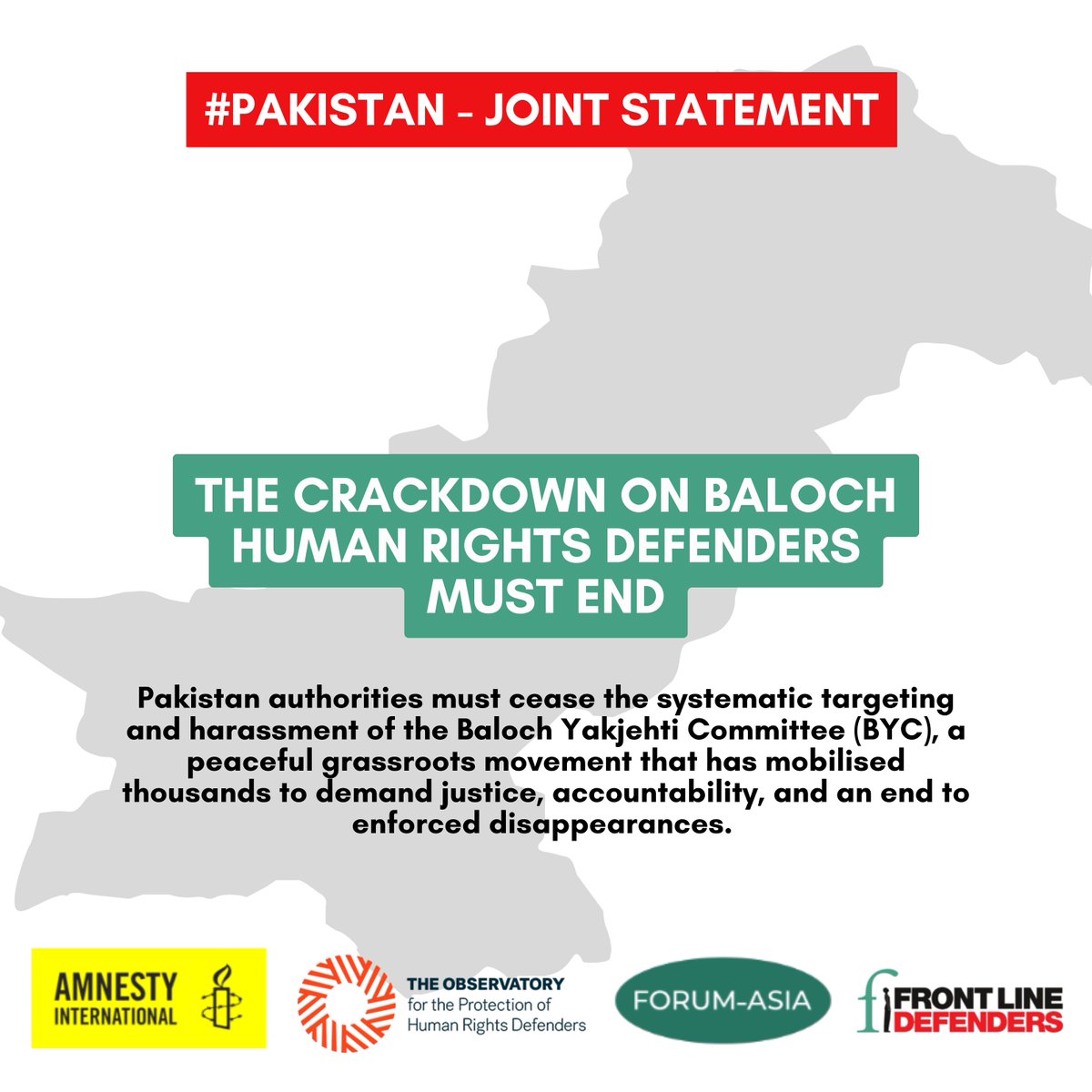 🚨 #Pakistan

The severe crackdown on Baloch human rights defenders violates Pakistan’s international human rights obligations -we call for the immediate and unconditional release of all HRDs and their family members.

Read more: zurl.co/5gOYR