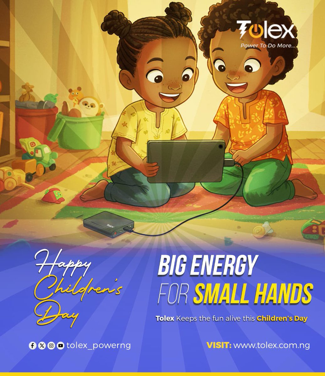 tolex_powerng's tweet photo. Big Energy, Bright Smiles! ⚡👧🏽👦🏽
This Children’s Day, we’re powering playtime with joy, laughter, and uninterrupted fun.
Because little hands deserve BIG power! 💚
#TolexPower #ChildrensDay #BigEnergyForSmallHands #PowerToDoMore #TechForKids #TolexCares https://t.co/uIScgPW5oq