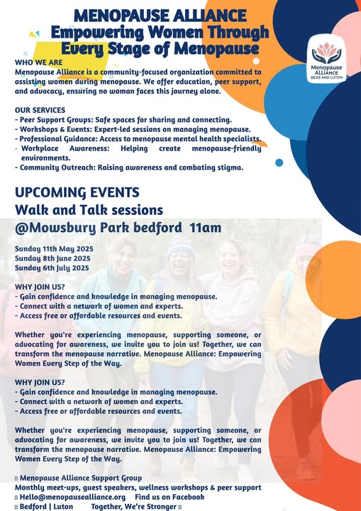 Join the Menopause Alliance's Walk and Talk to boost your wellbeing! 🙌💙

📅 Next date : 2nd June, 11:00 am at Mowsbury Park Bedford ⏰

Book here: ow.ly/oe7b50VZ5ra
