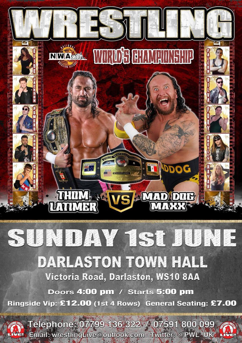 Pro Wrestling Live (@pwl_uk) on Twitter photo PWL Wrestling presents;
NWA WORLDS HEAVYWEIGHT CHAMPIONSHIP ON THE LINE!!!!
Sunday 1st June 2025
Thom Lattimer, the NWA Worlds Heavyweight Champion Vs Mad Dog Maxx, the pride of the Black Country!
Darlaston Town Hall WS10 8AA
<a href="/Thomas_Latimer_/">Thomas Raymond Latimer</a> PWL Wrestling presents;
NWA WORLDS HEAVYWEIGHT CHAMPIONSHIP ON THE LINE!!!!
Sunday 1st June 2025
Thom Lattimer, the NWA Worlds Heavyweight Champion Vs Mad Dog Maxx, the pride of the Black Country!
Darlaston Town Hall WS10 8AA
<a href="/Thomas_Latimer_/">Thomas Raymond Latimer</a>
