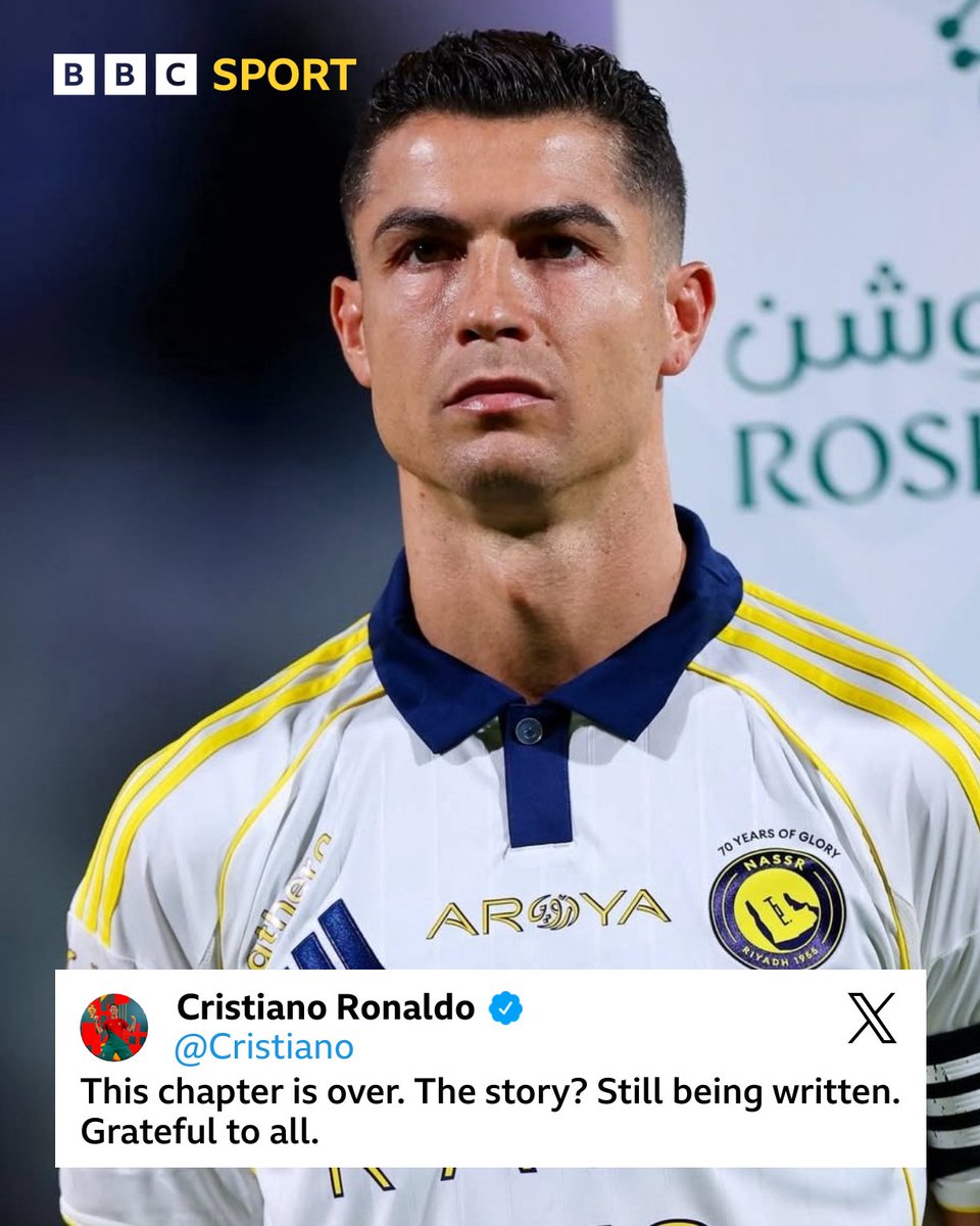 BBCSport's tweet photo. A move on the cards for Cristiano Ronaldo? 👀

CR7 drops a hint on his socials, to suggest his chapter in Saudi is "over". 😳 https://t.co/VljBMz4m7o