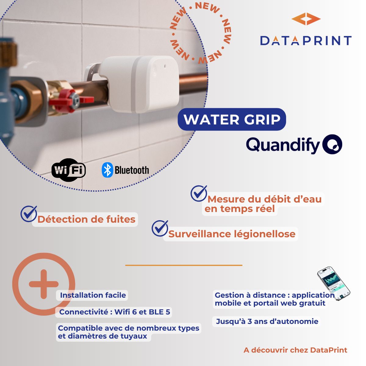 Le WaterGrip de <a href="/Quandify_AB/">Quandify</a>   est arrivé : capteur #WiFi, installation en 5 min, suivi conso + alertes fuites + Surveillance de la légionellose ⚠️

Une solution smart &amp; durable pour particuliers, pros et collectivités.

dataprint.fr/produit/quandi…

#SmartWater #IoT #Domotique