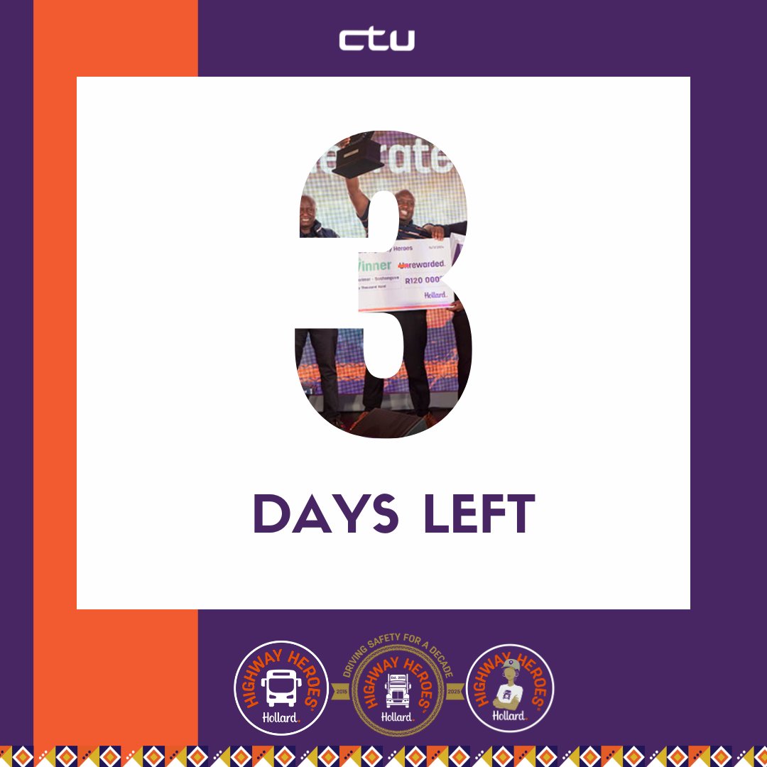 Only 3 Days Left! 

Make sure your bus driver doesn’t miss out on the chance to win R165,000

Enter today at hollard.co.za/highway-heroes…

Entries close on 31 May 2025 – don't wait until it's too late!

#CTU #10YearsOfHollardHighwayHeroes #RoadSafety