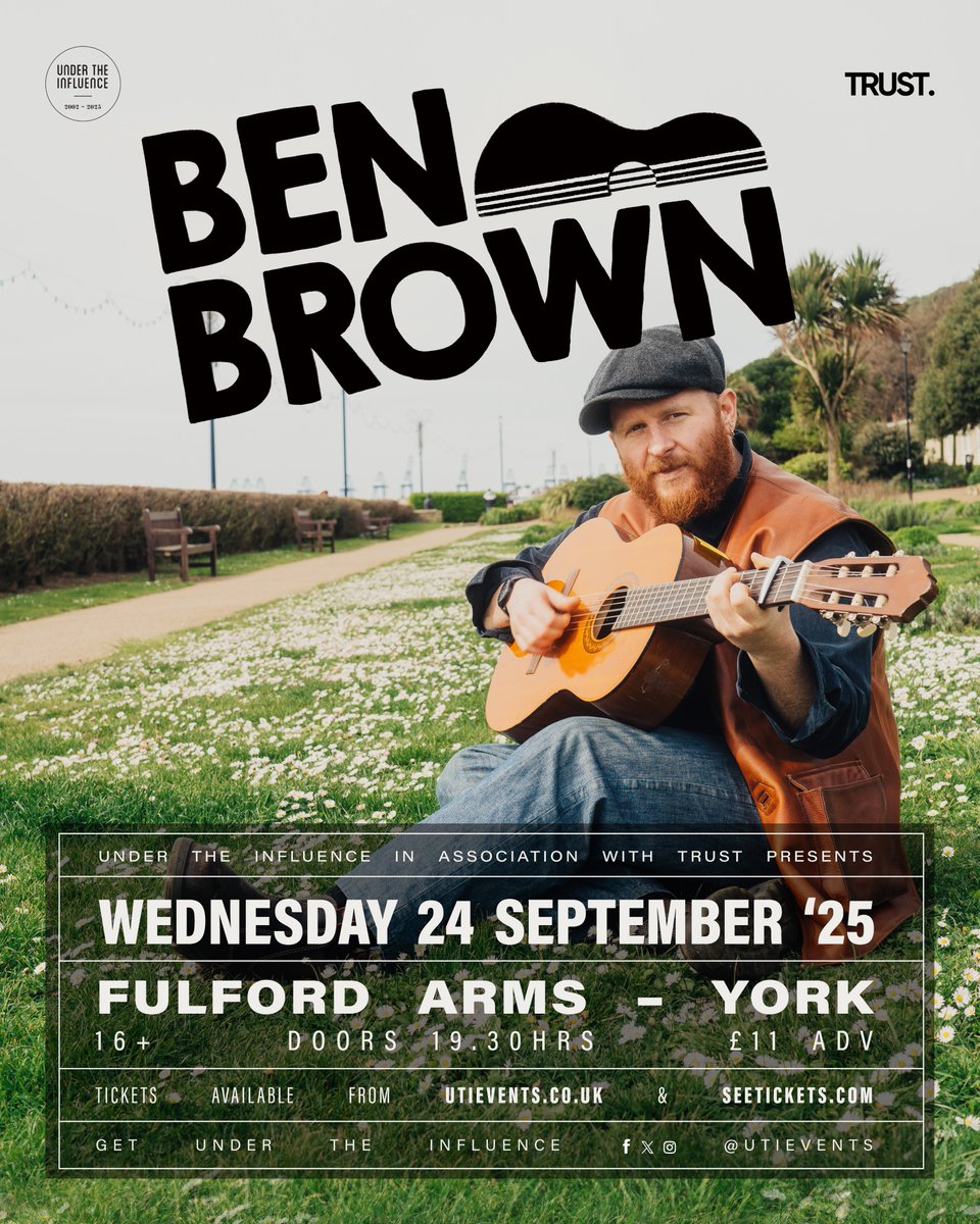 Under The Influence (@utievents) on Twitter photo NEW SHOW // ON SALE NOW
Armed with ready wit, raucous vibes and a shed load of grin-inducing great songs, Ben Brown is live at #York's <a href="/fulfordarmsyork/">Fulford Arms</a> on September 24th.
🎟 book tickets: bit.ly/UTIEventsTicke… NEW SHOW // ON SALE NOW
Armed with ready wit, raucous vibes and a shed load of grin-inducing great songs, Ben Brown is live at #York's <a href="/fulfordarmsyork/">Fulford Arms</a> on September 24th.
🎟 book tickets: bit.ly/UTIEventsTicke…