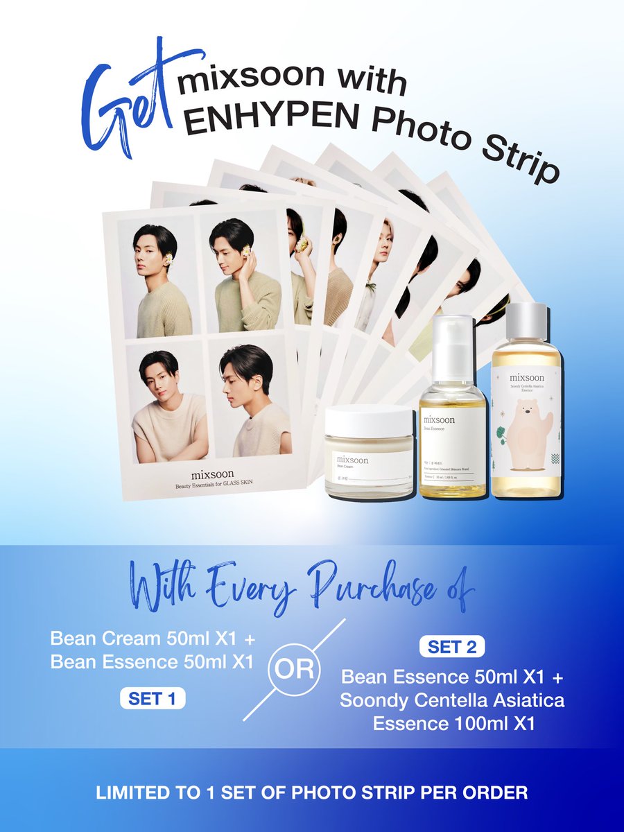 ENHYPENMalaysia's tweet photo. ✨Calling all ENGENEs!✨

Get your exclusive Mixsoon with ENHYPEN Photo Strip when you shop with Mixsoon from 26th May 2025 to 1st June 2025! 🌿💙

With every purchase of selected Mixsoon products, while stocks last!
LIMITED to 1 set per order!

#ENHYPEN #Mixsoon #ENHYPENxMixsoon https://t.co/j1T0xRgMNP