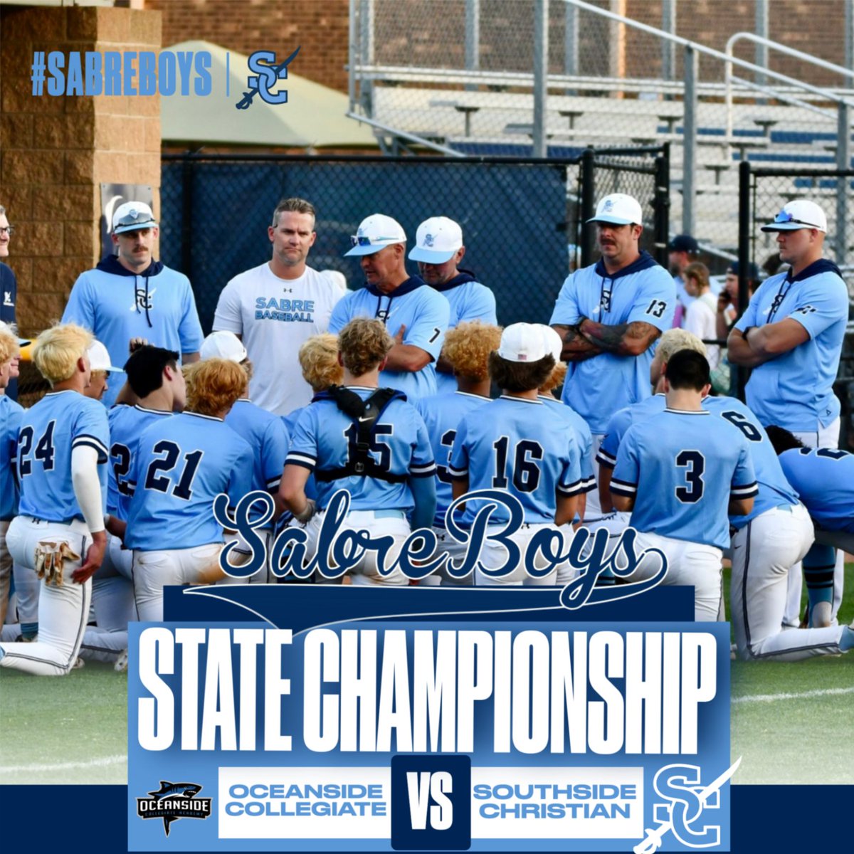 The #SabreBoys host Oceanside Collegiate in game ✌️ of the 3A State Championship series tonight at 7:00 PM.  The Sabres lead the series 1-0. 

📅 May 27th
⏰ 7:00 PM
🏟️ Sabre Park
📍 2211 Woodruff Rd, Simpsonville, SC 29681