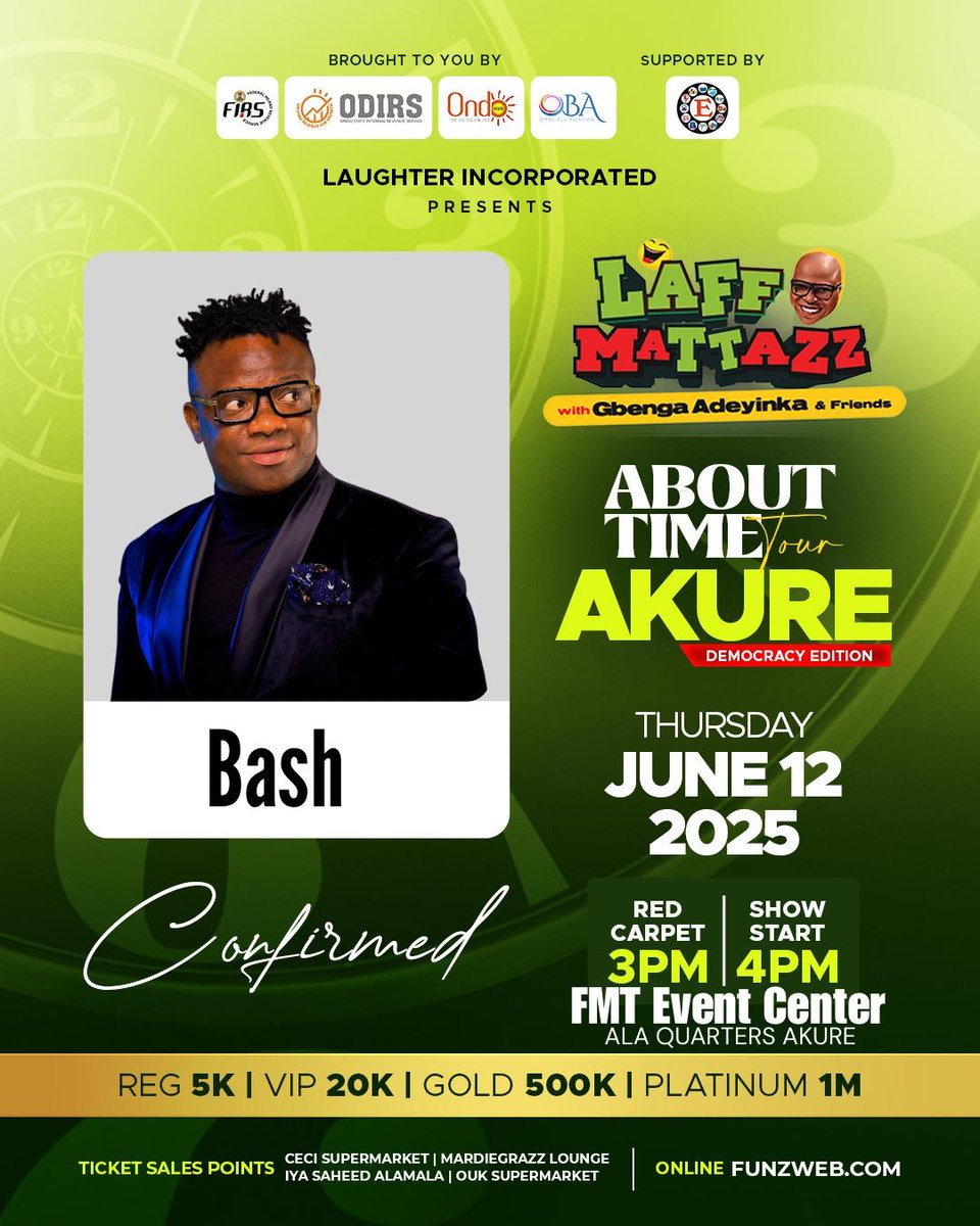 Official _JojoNation 🆖 (@jojonationng) on Twitter photo Àkúré! #Laffmattazz with gbengaadeyinka and Friends Returns to Akure on
➡️Thursday June 12 2025
•BASH •HOT DJ KHODED •MITO • LEKZIDO would be LIVE to thrill you with Good performances 🔥
Venue is FMT EVENTS CENTER ALA QUARTERS Akure
Don't miss it
<a href="/gbengaadeyinka/">Gbenga Adeyinka 1st</a> Àkúré! #Laffmattazz with gbengaadeyinka and Friends Returns to Akure on
➡️Thursday June 12 2025
•BASH •HOT DJ KHODED •MITO • LEKZIDO would be LIVE to thrill you with Good performances 🔥
Venue is FMT EVENTS CENTER ALA QUARTERS Akure
Don't miss it
<a href="/gbengaadeyinka/">Gbenga Adeyinka 1st</a>