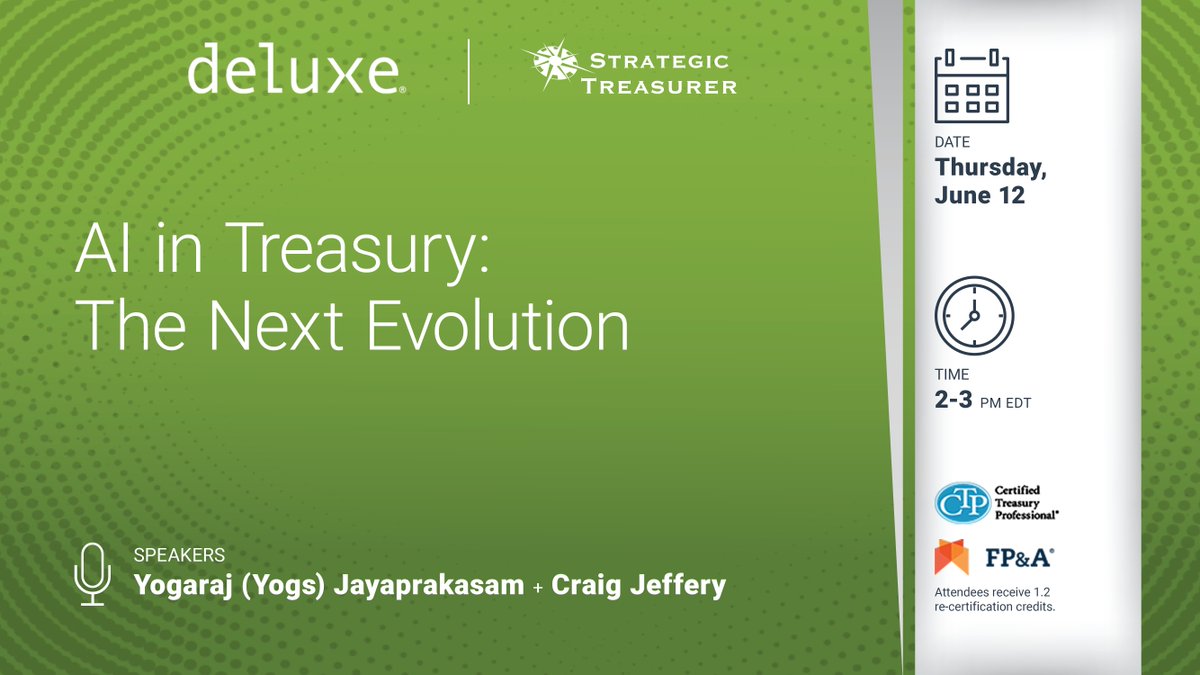 Join Craig Jeffery (Strategic Treasurer) &amp; Yogaraj Jayaprakasam (Deluxe) as they explore AI trends, real-world use cases &amp; how GenAI is transforming AP, AR &amp; cash apps.

Register now!  strategictreasurer.com/webinar-ai-in-…