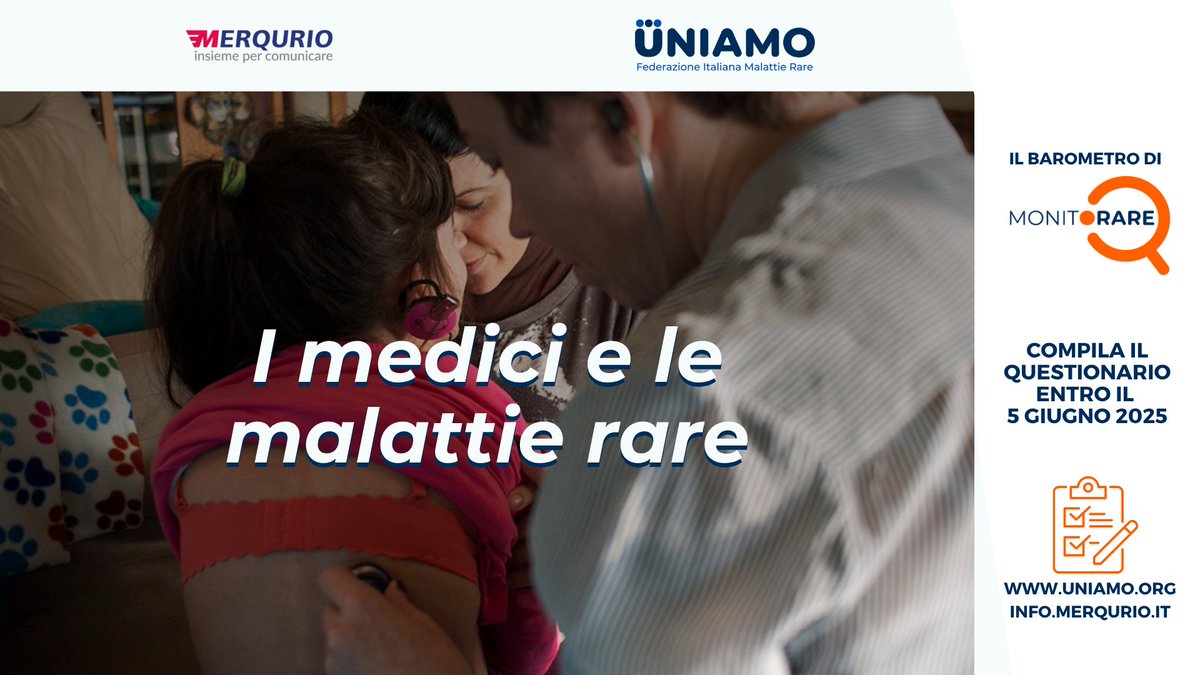 uniamofimronlus's tweet photo. 🔍 Il Barometro di #MonitoRare: UNIAMO e @Merqurio lanciano la nuova indagine 𝐈 𝐦𝐞𝐝𝐢𝐜𝐢 𝐞 𝐥𝐞 𝐦𝐚𝐥𝐚𝐭𝐭𝐢𝐞 𝐫𝐚𝐫𝐞
La scadenza per partecipare all'indagine rivolta ai #medici è fissata per il 𝟓 𝐠𝐢𝐮𝐠𝐧𝐨.
Link al questionario➡️https://t.co/iqxZ7QQND4 https://t.co/L7xPwu6zE6